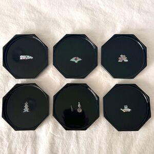 Vintage Black Lacquer Mother Of Pearl Set Of Six (6) Coasters Made in Korea